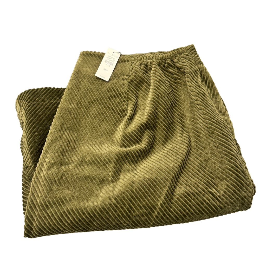 Talbots Skirt Womens 18W‎ Corduroy Olive Green Casual Side Zip + Pockets NEW